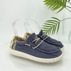 Hey Dude Youth Wally Linen Sneaker Slip On Size 2 Natural Navy Casual Shoe Light
